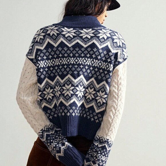 Womens Blue High Neck Zip up Fair Isle Print Chunky Cable Knit Cardigan - Picture 6 of 8